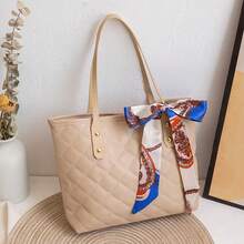 1pc PU Material Diamond Quilted Embroidery Scarf Decor Tote Bag, Large Capacity Lightweight Versatile For Commuting