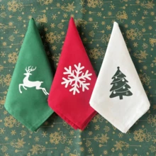 1pc/6pcs Christmas & New Year Party Decor Napkins, Snowflake, Reindeer, Christmas Tree Printed & Solid Color Fabric Placemats, Coasters, Tea Towels