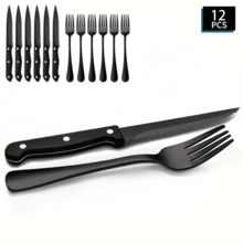 6set Stainless Steel Cutlery Set, Containing 6 Serrated Steak Knives And 6 Dinner Forks, Elegant Classic Design, , Mirror Polished, Dishwasher-, Suitable For Meat Cutting, Perfect For Parties, Weddings, Banquets, Outdoor Camping