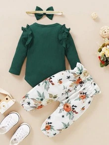 BrownBark 3pcs/Set Autumn Baby Girls' Casual Ribbed Solid Color Top + Printed Pants + Headwear Outfit, Versatile