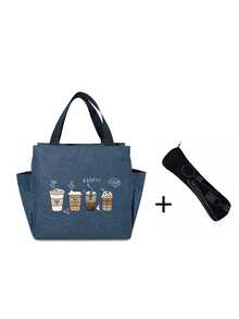 Thermal Bag, Insulated Bag With The "Four Cups Of Coffee" Pattern Paired With A Black Cutlery Storage Bag, A Double Pocket Lunch Box Bag, Large Capacity, Student Meal Insulated Refrigerated Bag, Portable Travel Picnic Bag, Office School Lunch Bag Insulated Lunch Box, Work Lunch Box, Work Office Holiday Lunch Box, And Multi-Functional Camping School Lunch Box For Both Men And Women