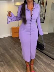 FENDAI Plus Size Women's Autumn/Winter New Dress, Purple Tight-Fitting Elegant Knit Dress With Contrast Trim Stitching, Slit Cuffs And Front Button Decor, Suitable For Commuting And Parties