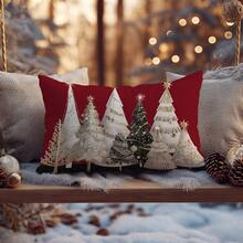 1pc Minimalist Red Background Black & Gold Christmas Tree Pattern Cushion Cover, Soft Peach Velvet Fabric, Single-Sided Printing, Fits 30*50/40*60CM Throw Pillow Insert, Home Bedroom Living Room Holiday Decor, Decorative Pillow Gift, No Pillow Insert - Multicolor - View 9