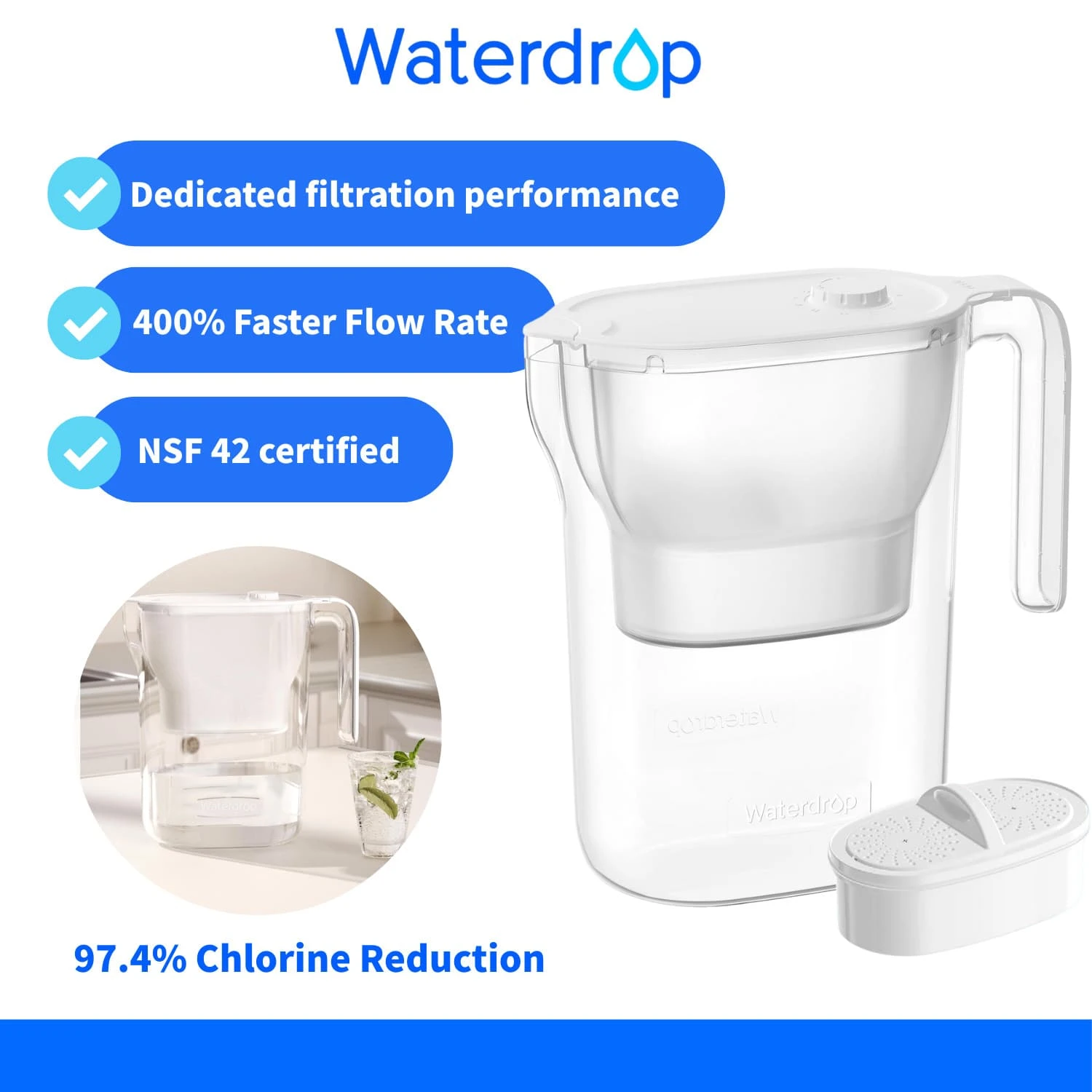 Waterdrop Water Filter Pitcher Refrigerator Water Filter Jug With 3-Month Filter, 2.5 L, Reduces Fluoride, Chlorine, And More, NSF Certified, Blue (Replacement Filter: WD-PF-01A Plus) - White - View 1