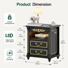 HNEBC European Classical Nightstand With Gun Drawer, 20" Vintage Bedside Table With LED Lights & Charging Station, Tall Rustic Wood Sofa Side End Table With 2 Drawers For Bedroom - Xem 5
