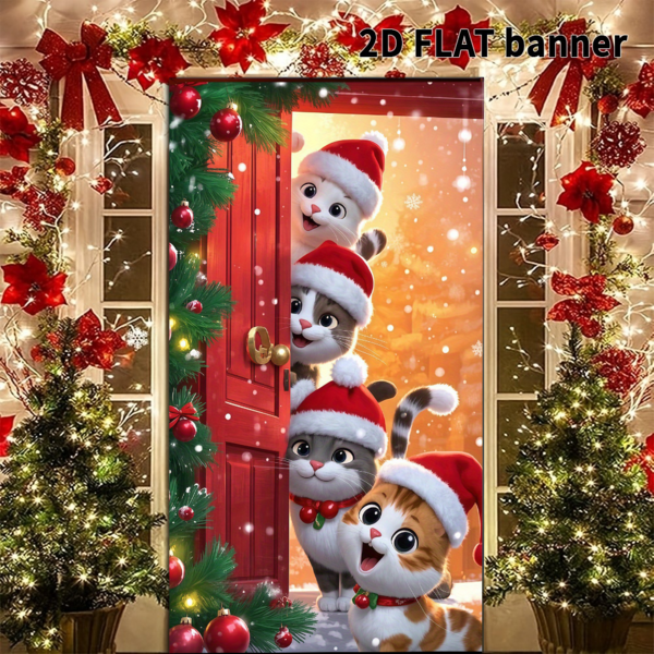 2D plano 1 peça (35_70 polegadas_90_180 cm), feito de poliéster, faixa de moldura de porta de decoração de Natal, gatinhos fofos e lindos, cenário de cabine de fotos de feliz Natal _ decoração multifuncional para festas e eventos internos e externos _ poliéster, sem necessidade de eletricidade, muito adequado para decoração de Natal