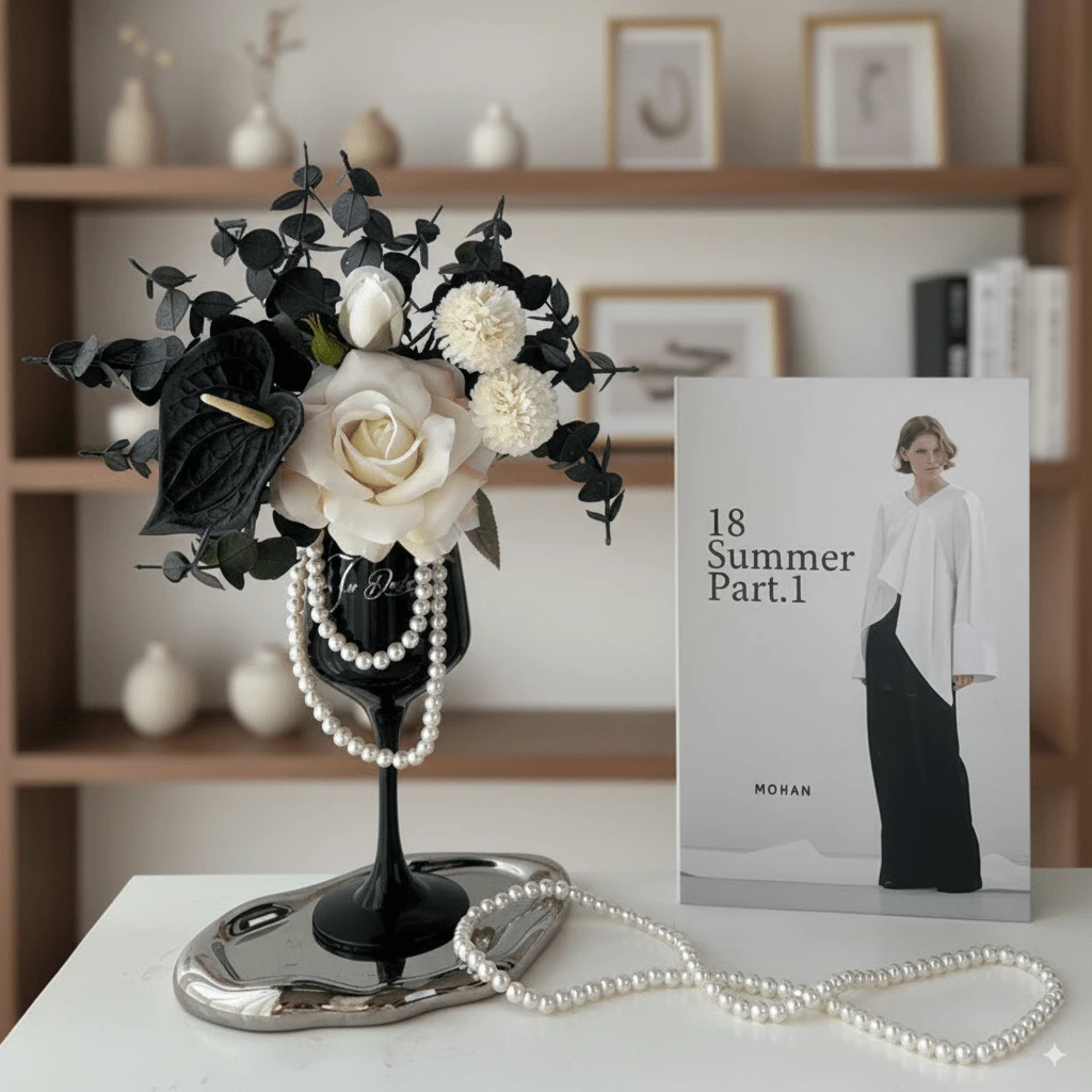 1pc Elegant Faux Rose Arrangement In Luxury Wine Glass Vase With Decorative Pearls Living Room Decor,Autumn Home Decor,Autumn Decor,Room Decor