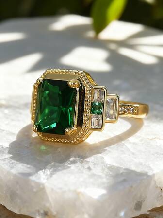 Charm-In 1 pieza Anillo de circonita verde brillante dorado, regalo del Día de la Madre