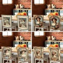 2/4/6 pièces Set, Décoration d'intérieur, Housses de chaise en lin à motif de portrait de palais, Convient pour la décoration d'intérieur quotidienne, salon, salle à manger ou jardin, et pour les rassemblements et fêtes d'hôtels et de restaurants, Matériau polyester lavable, Housses de coussin de siège de chaise de salle à manger