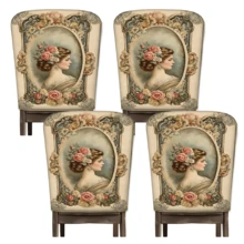 2/4/6 pièces Set, Décoration d'intérieur, Housses de chaise en lin à motif de portrait de palais, Convient pour la décoration d'intérieur quotidienne, salon, salle à manger ou jardin, et pour les rassemblements et fêtes d'hôtels et de restaurants, Matériau polyester lavable, Housses de coussin de siège de chaise de salle à manger