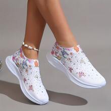 Women's Casual Sports Shoes With Rhinestone Decors, Floral & Butterfly Print Slip-On, Breathable Knit Running Shoes, Plus Size