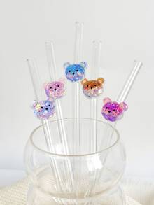 Shiny Bear Series Glass Straws, Transparent Smoothie, Bubble Tea, Juice, Milk, Cocktail, Cold Drink Reusable Bent Glass Straws With Shiny Bear Design, Suitable For Milkshake, Milk, Tea, Juice, Cocktail, Cold Drink, Gift For Girlfriend, Dessert Shop, Soft Drink Bar, Office, Bar, Restaurant - Straw - View 5