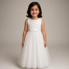 Long Dress For Children, Youth, Party, Flower Girl, Bridesmaid, Wedding, Flower Girl, Debutante, Princess, Miss, Lace With Bow, 3/4 Sleeve, Luxury - 3 To 16 Years - 白色 - 查看 4