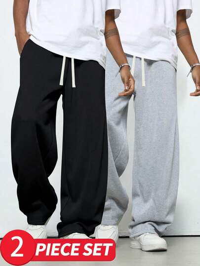 Two Pieces Men's Casual Sports Sweatpants, Loose Straight Fit, With A Drape Effect, Suitable For Home And Outdoor Activities, Can Be Used As A Couple's Gift. Made Of 100% Polyester Fiber, Equipped With A Drawstring Waistband For Easy Adjustment, And Available In Multiple Colors.