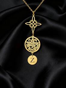 1pc Fashionable Stainless Steel Mysterious Witch Knot, Hollow Star, A-Z Letter & Zodiac Pendant Necklace, Elegant Lucky Gift For Family And Friends