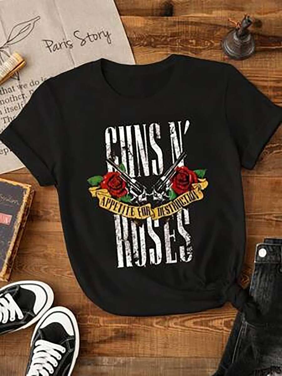 Camiseta de mujer de Guns N' Roses con estampado de rock vintage, camiseta con diseño retro, camiseta de manga corta con impresión de letras - Negro 2 - Ver 1