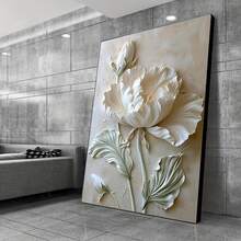 Pictură florală modernă abstractă cu flori albe, pictură florală elegantă neînrămată, birou de acasă, baie, living, dormitor, decor pentru sufragerie, utilizare în interior și exterior, verticală, suprafață pânză, imprimare artistică, decor de perete