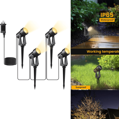 Garden Spot Lights Mains Powered, Warm White Outdoor Landscape Spotlights 12W, LED 4-In-1 Spike Lights With Adapter, Waterproof LED Garden Spike Light