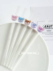 Shiny Bear Series Glass Straws, Transparent Smoothie, Bubble Tea, Juice, Milk, Cocktail, Cold Drink Reusable Bent Glass Straws With Shiny Bear Design, Suitable For Milkshake, Milk, Tea, Juice, Cocktail, Cold Drink, Gift For Girlfriend, Dessert Shop, Soft Drink Bar, Office, Bar, Restaurant - Straw - View 3