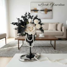 1pc Elegant Faux Rose Arrangement In Luxury Wine Glass Vase With Decorative Pearls Living Room Decor,Autumn Home Decor,Autumn Decor,Room Decor