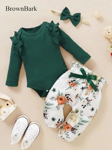 BrownBark 3pcs/Set Autumn Baby Girls' Casual Ribbed Solid Color Top + Printed Pants + Headwear Outfit, Versatile