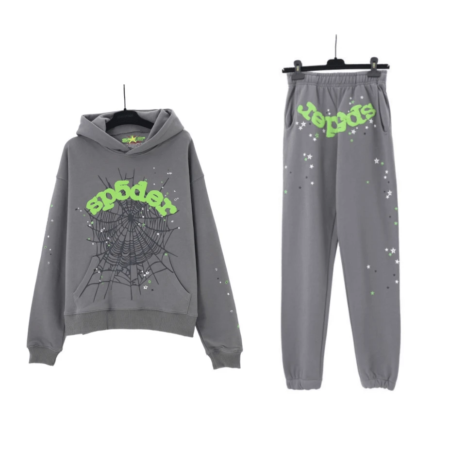 Men's And Women's Street Punk Oversized Hooded Sweatshirt Sets, Spider Web Rhinelstone Hooded Sweatshirts, Hip-Hop Fashion Letter Aesthetic Sweatshirts, Gender Neutral Sets, Couple Sets - 灰色 - 查看 1