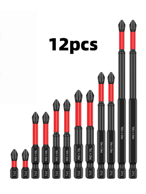 Juego de brocas magnéticas PH2, 12 unidades (1–6 pulgadas), acero S2, puntas de destornillador magnéticas con vástago hexagonal de 1/4", antideslizante, listas para impacto para taladro y destornillador (1-2-2.5-2.8-3.5-6 pulgadas)