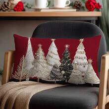 1pc Minimalist Red Background Black & Gold Christmas Tree Pattern Cushion Cover, Soft Peach Velvet Fabric, Single-Sided Printing, Fits 30*50/40*60CM Throw Pillow Insert, Home Bedroom Living Room Holiday Decor, Decorative Pillow Gift, No Pillow Insert - Multicolor - View 7