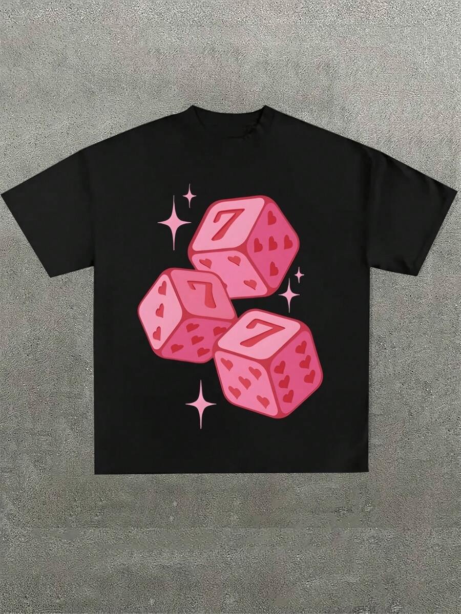 Men's Plus Size Pink Lucky Dice Graphic, Casual Soft Oversized Pure Cotton 220g Pattern Printed Black T-Shirt - 黑色 - 查看 1