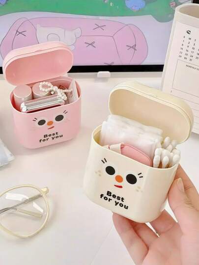 1pc Cute Cartoon Character Waterproof & Dustproof Travel Organizer Box - Mini Cosmetic & Makeup Storage For Lipstick, Earphones, Chargers, Desk Accessories - Durable Plastic, Freestanding Design, Car & Home Use, Cosmetic Storage Organizer, Playful Design, Easygrip Handles