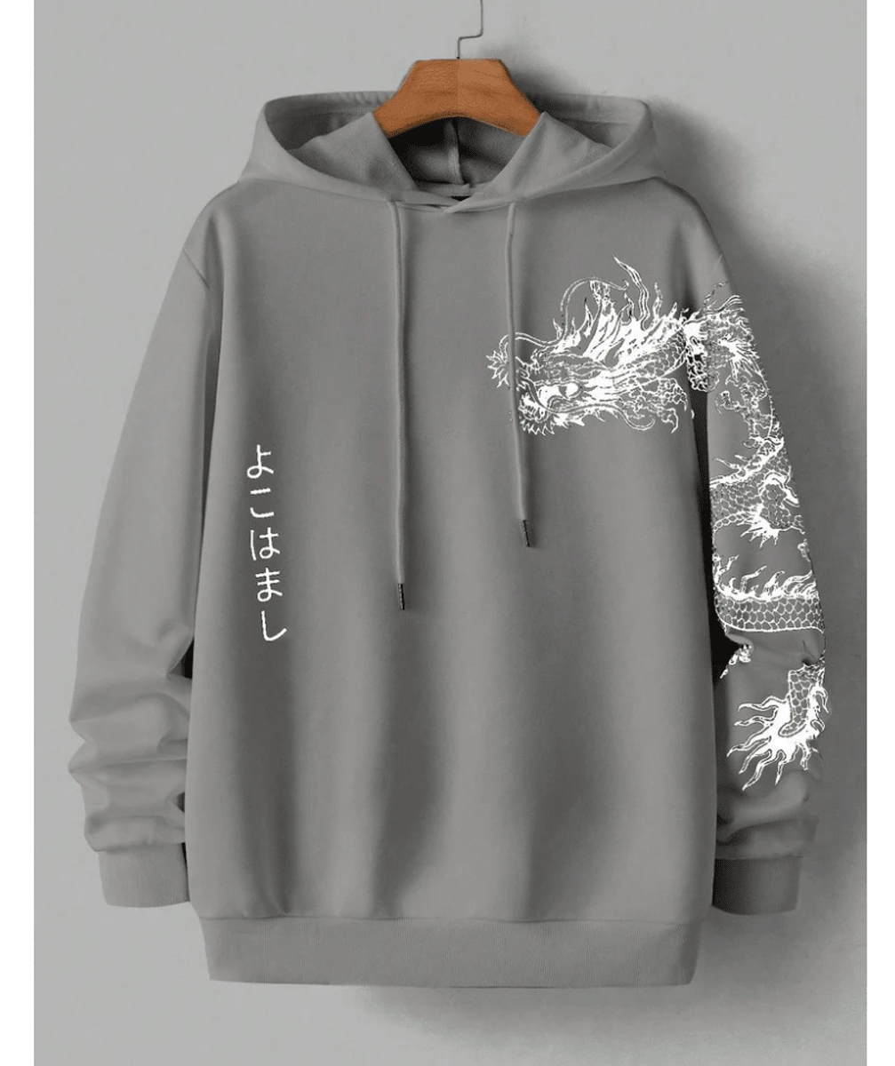 Japanese Dragon Print Hoodie Streetwear - 灰色 - 查看 1