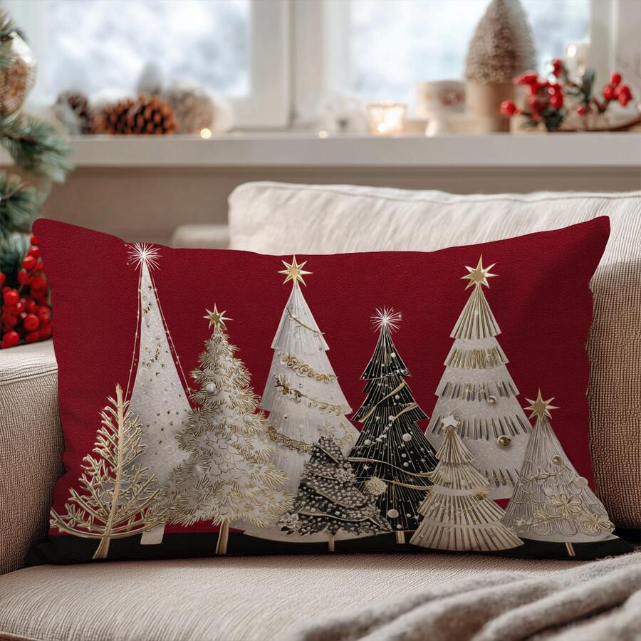 1pc Minimalist Red Background Black & Gold Christmas Tree Pattern Cushion Cover, Soft Peach Velvet Fabric, Single-Sided Printing, Fits 30*50/40*60CM Throw Pillow Insert, Home Bedroom Living Room Holiday Decor, Decorative Pillow Gift, No Pillow Insert