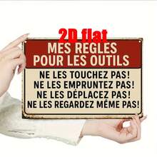 1 pièce Panneau mural métallique plat 2D, décoration murale en fer sur le thème des outils français, convient pour la maison, l'atelier de menuiserie, l'atelier de réparation automobile, l'atelier de réparation mécanique, la quincaillerie, le jardin, la salle d'artisanat, le repaire d'homme, style de trou aléatoire