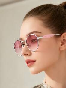 Gafas de mujer con lentes degradados rosas, montura redonda clásica, gafas sonrojadas versátiles, gafas decorativas de estilo callejero