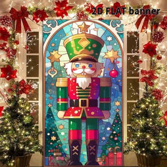2D platt superstor julfestbanderoll som mäter 90x180 cm med en nötknäpparsoldatdesign och målat glas-effekt, stor dörrhängande banderoll lämplig för inomhus- och utomhusjul, God Jul-bakgrund för fotoautomat - multifunktionell fest- och evenemangsdekoration för inomhus- och utomhusbruk - tillverkad av polyester, kräver ingen ström, perfekt för juldekoration.