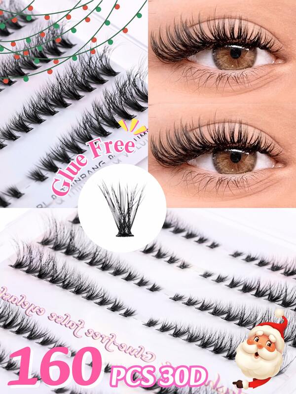 160 Clusters Of 30D Glue-Free Self-Adhesive Eyelash Bundles - D-Curl, 0.07 Mm Thickness, 8-18 Mm Mixed Lengths, Naturally Fluffy Curled Individual Lashes That Can Create A Fox Eye Effect, Waterproof Faux Mink, Pressed Lashes, Reusable And Long-Lasting Eyelash Extensions, Suitable For DIY, Everyday Makeup, Parties, Cosplay, A Perfect Gift For Women And Girls, Comfortable And Non-Irritating, A Must-Have For Halloween And Christmas.