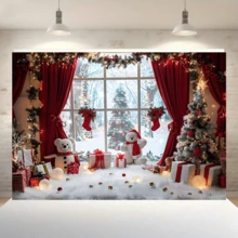 1pc Christmas Photography Background Banner, Dreamy Rural Window Scenery With Snowmen - Trees And Gifts Background Banner, Suitable For Holiday Decoration - Christmas - New Year Events, Suitable For Christmas Event Party Decoration, Home Wall Decoration, Photography Studio Props, Christmas Decorations. - Multicolor - View 4