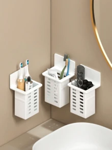 1/2 piezas Soporte de pared blanco montado para cepillo de dientes y pasta de dientes para baño, pasta de dientes, peines, afeitadoras, sin necesidad de perforación, almacenamiento, decoración del hogar, decoración del baño, decoración de otoño, temporada de vuelta a la escuela, accesorios de baño y utensilios de cocina - Negro - Ver 7