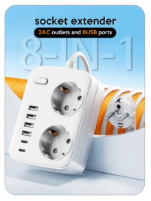 1 bộ chống sét lan truyền đa cổng 8 trong 1, có 2 ổ cắm điện AC, 4 cổng USB-A, 2 cổng USB-C, công tắc nguồn độc lập, điện áp hoạt động 100-250V, thích hợp sử dụng tại nhà, văn phòng và trạm sạc khi đi du lịch. - Phích cắm loại F của EU (220-240V) - Xem 11