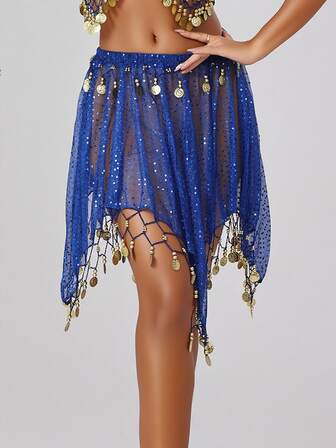 Women's Belly Dance Skirt Chiffon Sheer Sequins Coin Tassel Skirt Dance Short Skirt For Performance Practice Party