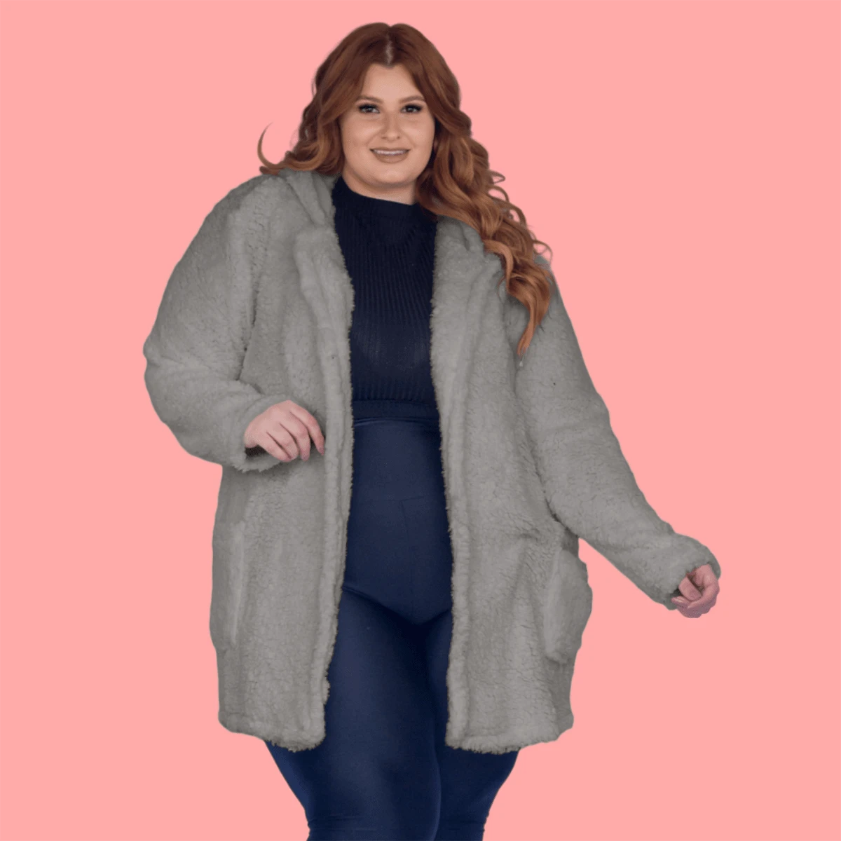 Women's Plus Size Teddy Coat With Hood And Pockets, Plush Inside And Out - Grey - View 1