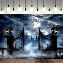1pcHalloween Background Gothic Castle Full Moon Night Party Photography Background Is Suitable For Halloween Foggy Cemetery Gate Theme Photo Background Wall Decoration, No Electricity.