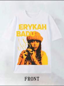 For Erykah Badu Portrait Graphic Plus Size TShirt 220g Featuring A Vibrant Yellow And Black Image With Her Signature A Must Have Fans Of Soul Music - 白色 - 查看 1