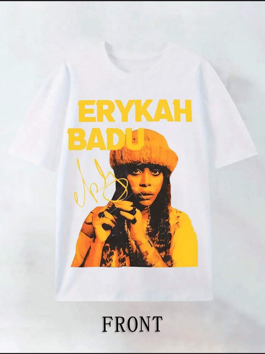For Erykah Badu Portrait Graphic Plus Size TShirt 220g Featuring A Vibrant Yellow And Black Image With Her Signature A Must Have Fans Of Soul Music - 白色 - 查看 1