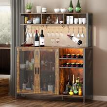 Industrial Rustic Coffee & Wine Bar Cabinet, Kitchen Buffet Sideboard With Liquor Storage, Brown Wooden Bar Organizer