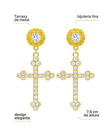 1 Pair Of Large Cross Studded Earrings With Rhinestones Elegant Extravagant Women's Fashion - 金色 - 查看 2