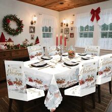 Conjunto de toalha de mesa e capa para cadeira com estampa digital decorativa de 1/4/5/6/35 peças, casa de neve de Natal, rena, Papai Noel, árvore de Natal - Toalha de mesa lavável e à prova de poeira para móveis internos, adequada para decoração de sala de jantar interna, reuniões familiares, presentes, festas de fim de ano