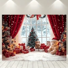 The 1pc Christmas Background Banner, With The Christmas Wonderland Snowman Background Paired With Red Curtains, Is The Perfect Indoor Celebration. It Is Suitable For Home Wall Decoration, Studio Photography, Holiday Gatherings, And Party Theme Decoration. - Multicolor - View 5