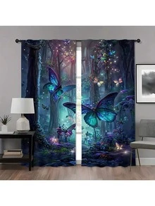 2pcs Enchanting Blue Butterfly Forest Curtains - Durable Polyester Fiber, Digital Printing, Vibrant Colors, Pole Bag Design, Easy To Hang, Fade Resistant, Ideal Choice For Living Room Decoration