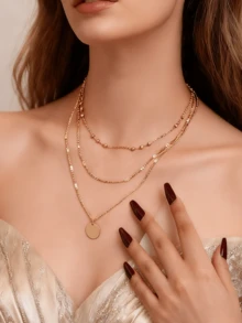 2pcs Elegant Gold Tone Multi-Layer Pendant Necklace Set, Fashionable Versatile Jewelry For Daily Wear, Party, Holiday Gift